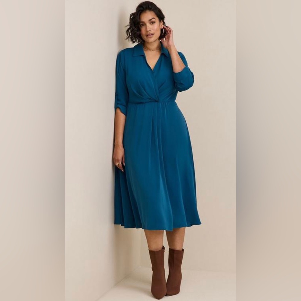 Midi Crepe De Chine Collared Shirt Dress